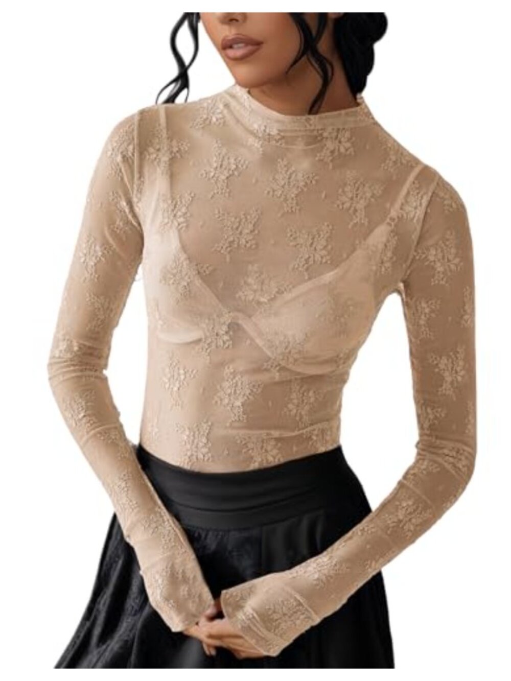 Sheer Mesh Lace Top Womens Long Sleeve Mock Neck Blouse Layering